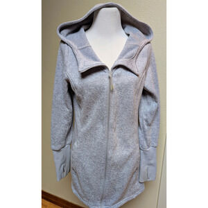 Women’s Gray Hoodie Coat Size Large Zip Front Thumb Holes Longline